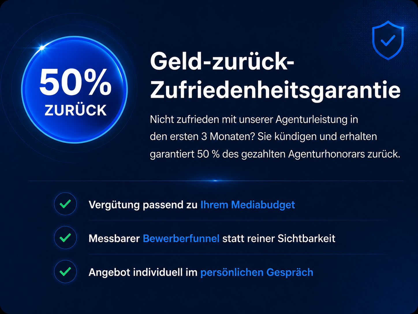 50 % Geld-zurück-Zufriedenheitsgarantie — Risikofrei starten. Vergütung passend zu Ihrem Mediabudget, messbarer Bewerberfunnel, Angebot individuell im persönlichen Gespräch.